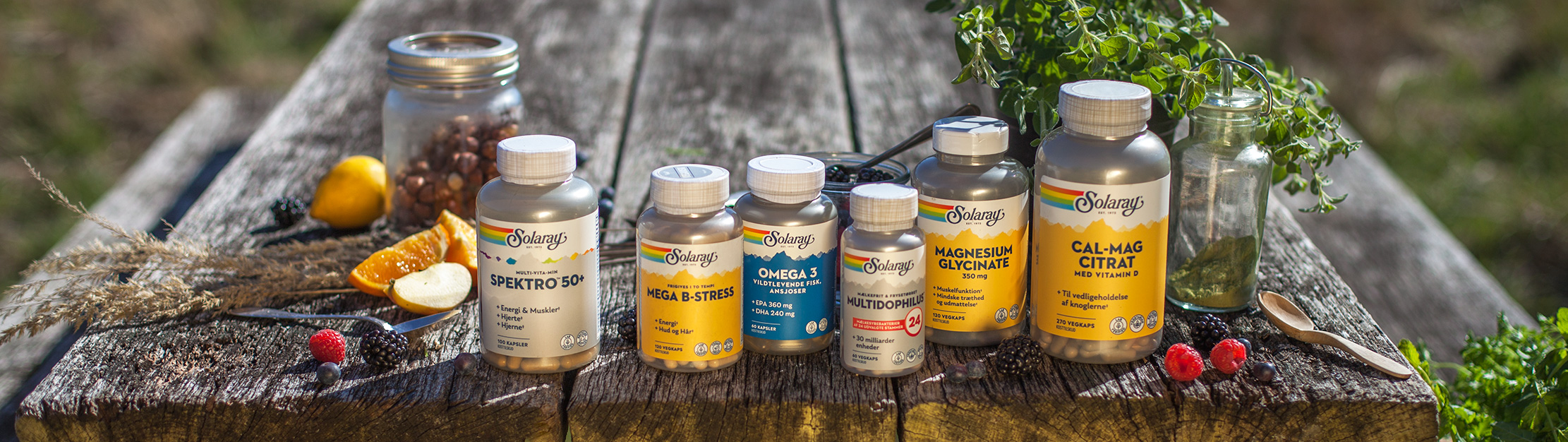 Solaray produkter, Spektro 50+, Mega B-Stress, Omega 3, Multidophilus, Magnesium Glycinate og Cal-Mag Citrat i naturen.