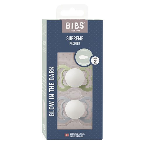 BIBS Supreme Silicone Size 2 Sage GLOW/Cloud GLOW 2 PACK