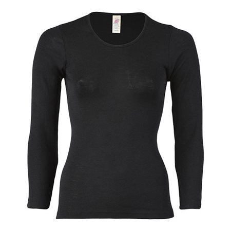 Langærmet bluse, uld/silke, Black, str. 34/36