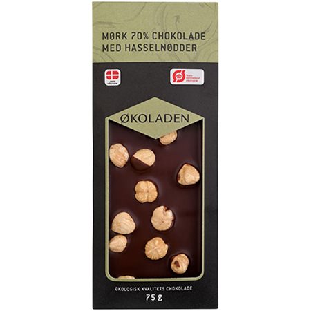 Mørk 70 % chokolade m. hasselnødder Ø